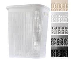 Wasmand, 50L, multifunctionele wasmand met deksel - lichte wasverzamelaar, wassorteerder van kunststof, voor badkamer, vuile kleding, speelgoed, wasmand - Wit KADAX