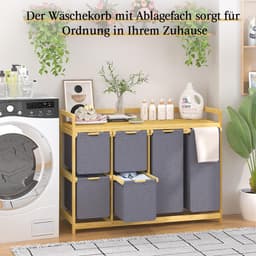 SnelShoppen - 200L Wasmand met 6 Vakken, Grote Wasverzamelaar en Wassorteerder met 2 Waszakken en 4 Stoffen Boxen, Bamboe Wasrek voor Badkamer en Slaa — thumbnail 4