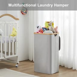 Dailygoods - YOUDENOVA Wasmand met deksel, 85 liter, wasverzamelaar, smal, met waszak, opvouwbare wasmand, hout, bamboe, wasmand, hoge wasmand, grijs — thumbnail 3