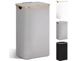 YOUDENOVA Wasmand met deksel, 85 liter, wasverzamelaar, smal, met waszak, opvouwbare wasmand, hout, bamboe, wasmand, hoge wasmand, grijs