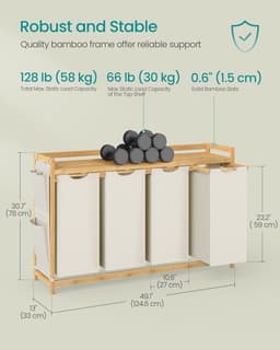 Conway Living® Wasmand 4 vakken – wassorteerder - wasmanden - wasbox - wasmand hout - wasmand - wasmanden bruin - 200 liter - 4 x 50 L - 4 zakken - uitschuifbaar met plank - 125 x 33 x 78 cm — thumbnail 2