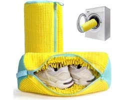 2 Schoenwaszak - wasbak - waszak schoenen - waszakjes met rits - Cilindrische waszak - Vormvaste waszak - Herbruikbaar - Met ritssluiting en ophanglus - 39 x 19 cm - Geel - Stof