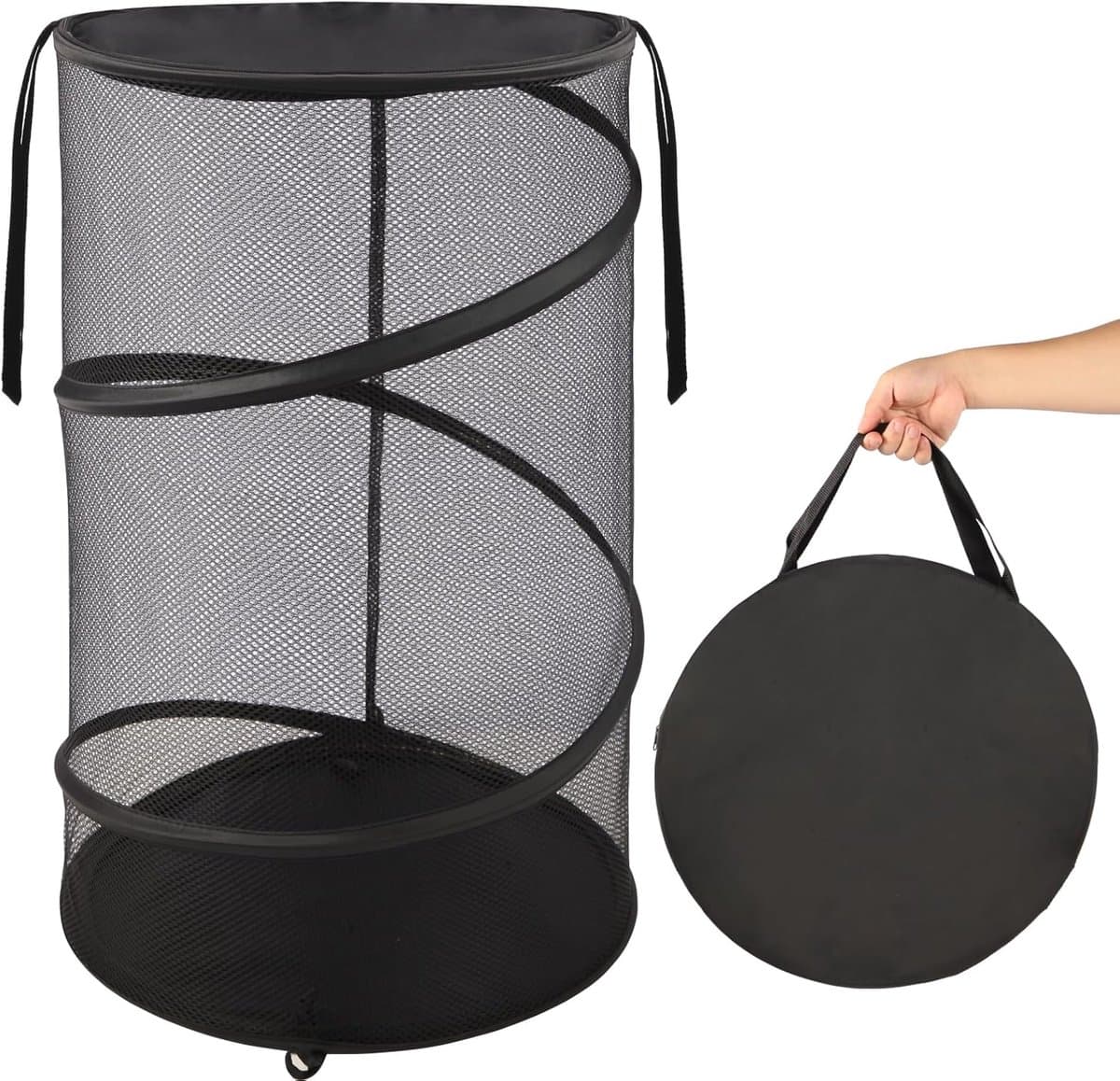 Wasmand - Vouwbare Wasmand - Opbergmand - Waszak - Opvouwbare Wasmand - Mand - Wassorteerder - Kledingmand - Reiswaszak - met handgrepen - Inclusief opbergtas - voor wasruimtes, badkamers, kinderkamers, studentenkamers, op reis - 32*32*60 cm - zwart — afbeelding 1