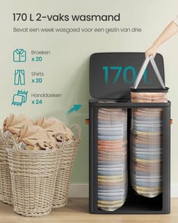 Wasmand, 170 L Wasmand, 2 compartimenten, Eenvoudige montage, met deksel en handgrepen, Uitneembare binnenzakken, 56 x 40 x 75 cm, Inktzwart LCB813B01 — thumbnail 3