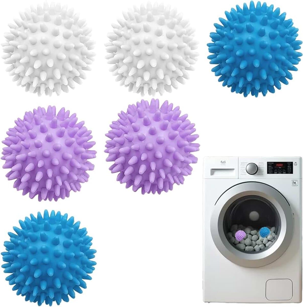 Droogballen, 6 stuks wasballen voor wasmachine, drogerballen voor donsjacks, herbruikbare drogerballen, wasbal voor wasmachine, droger, ballen voor thuiskleding (blauw, wit, paars) — afbeelding 1