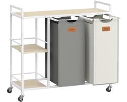 Wasmand, 2 vakken, wasmand 100 l, bak, wieltjes, trolley met planken, tas, afneembare zakken, 6 etiketten, natuurlijk beige, duifgrijs en crèmewit BLH311G01