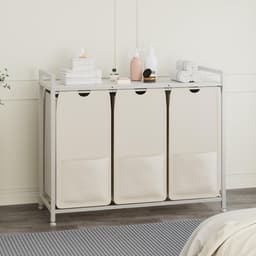 Wasmand 3 Vakken Wit – Wassorteerder met Opbergplank – Metalen Frame met MDF – 92,5x33x72 cm – Uitneembare Zakken – Moderne Wassorteerder voor Badkamer, Slaapkamer en Hal — thumbnail 3