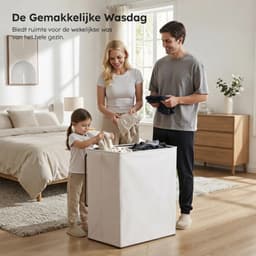 JCP® Wasmand - 145L - Wasmand 2 Vakken - Wasmand met Deksel - Gebroken Wit - 58cm x 38cm x 67cm — thumbnail 3