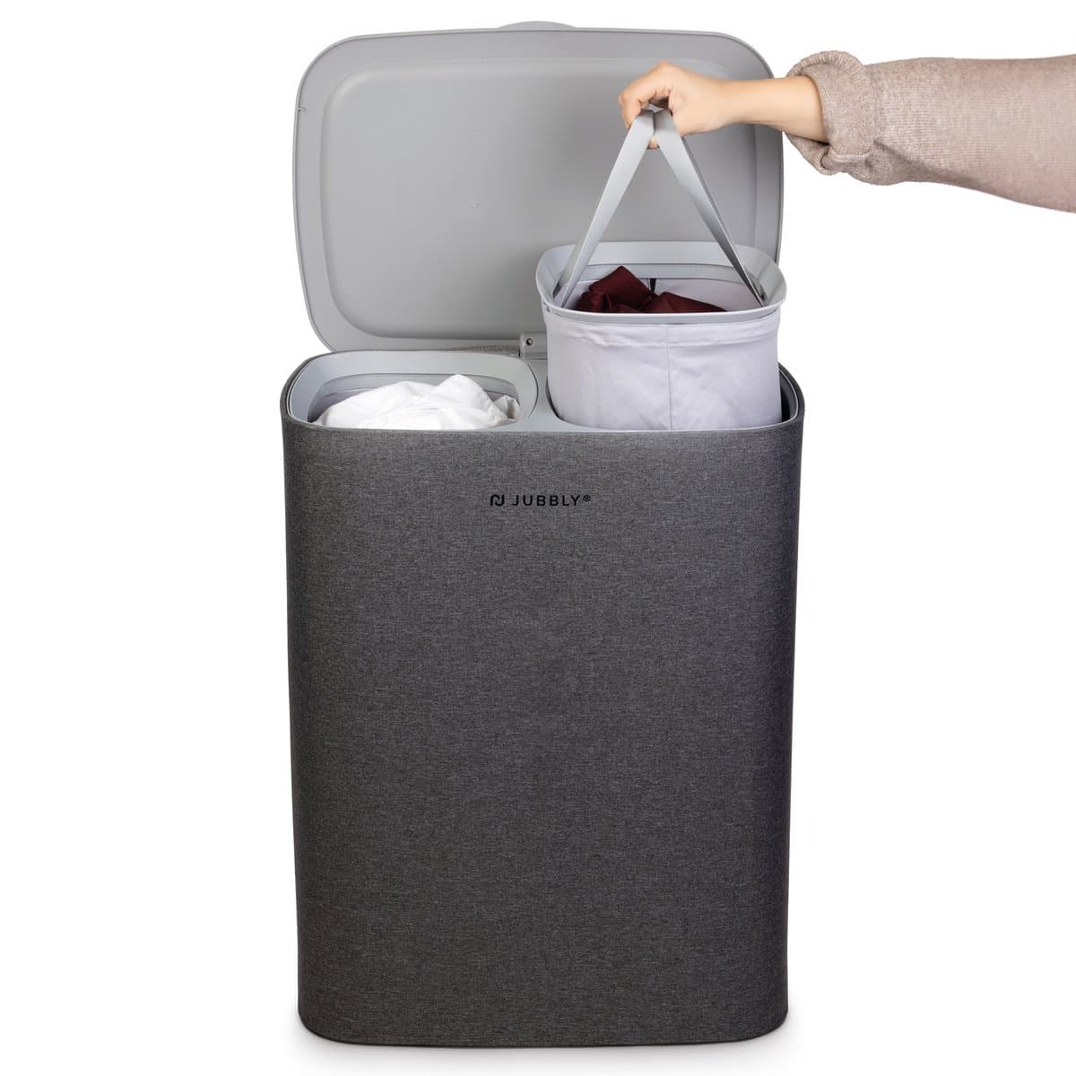 Jubbly® - Wasmand - Wassorteerder - Wasmand met Deksel - Wasmand 2 vakken - Wasmand opvouwbaar - Wasbox - 50 Liter - Grijs - The Splitsmart — afbeelding 1