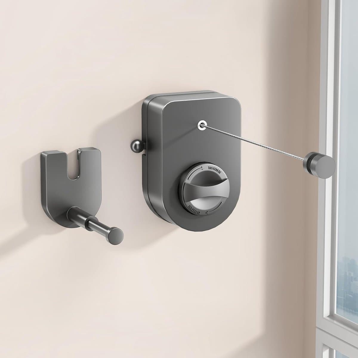 Waslijn - Uitschuifbare waslijn voor binnen, niet-doorhangende waslijn voor buiten, 4,2 meter lange, stevige waslijn met telescopische ophangstang, ruimtebesparende waslijn voor wandmontage (Grijs) - 13.5 x 9 x 4.5cm — afbeelding 1