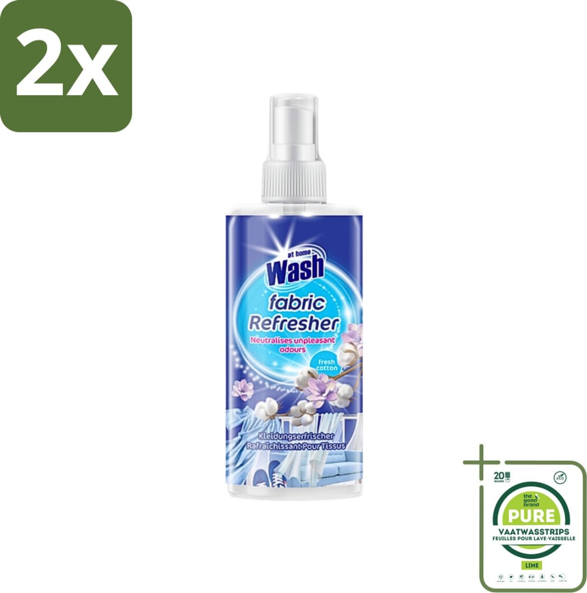 At Home - Wash - Textielverfrisser - Fresh Cotton - Neutraliseert Onaangename Geuren - 300 ml - Voordeelverpakking - 2 stuks - Textielverfrisser - Katoengeur — afbeelding 1