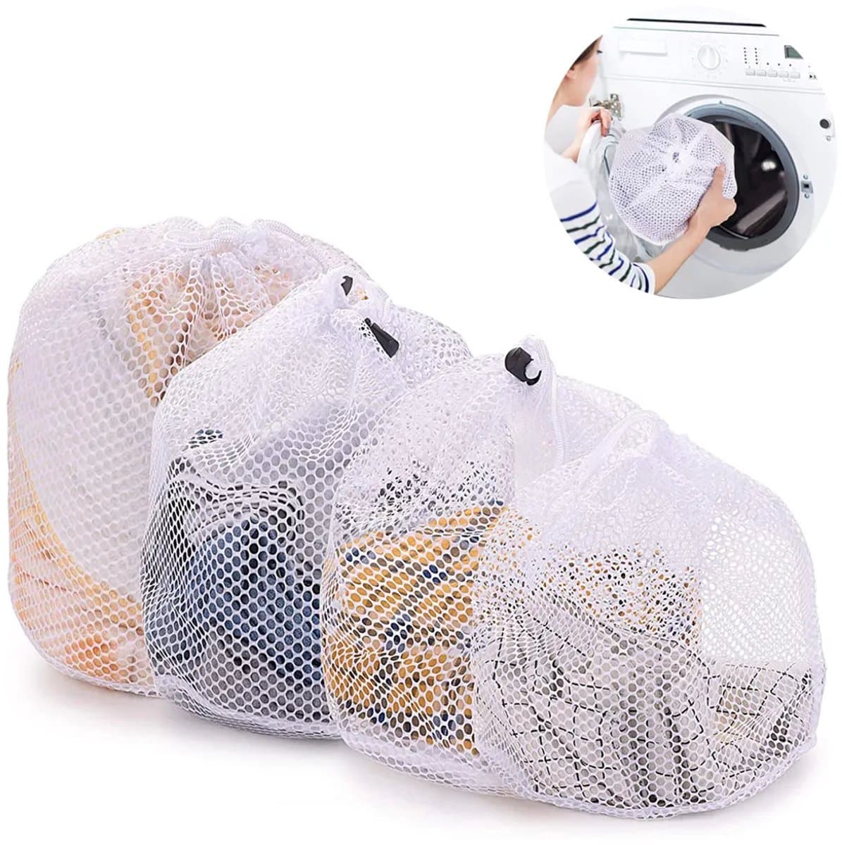 Deze vierdelige wasmachinezakkenset heeft een trekkoordsluiting en bevat wasnetjes, kleding, ondergoed, sokken, kousen, enz. — afbeelding 1