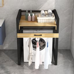 Livista Wasmachinerek - Wasmachine kast - Badkamerrek – Ruimtebesparende Wasmachine Organizer – Stalen Frame – 3 Hoogtestanden – Water-, Kras- en Hittebestendig Werkblad – Antislip Voetjes – Uitschuifbare Hangstang - 200 kg Draagvermogen - Zwart/Hout — thumbnail 5