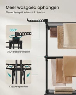 Stervia Wasrek Op Wieltjes - Droogrek - 4 niveaus - Draagvermogen 41 Kg - Draaibare Haken - Opvouwbaar - Zwart - 63,5 x 125,5 x 173 cm — thumbnail 4