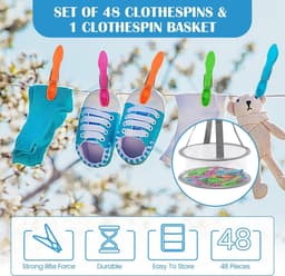 48 Stuks Kledingknijpers met Mand, Winddichte Kleurrijke Plastic Knijpers voor Waslijn, Ideaal voor Kleding, Handdoeken en Sokken — thumbnail 3
