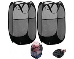 Thijox - 2 Stuks Opvouwbare Wasmand Met Handvat - Draagbare Zwarte Mesh Opbergmanden - Inklapbare Pop-Up Wasmanden Voor Thuis, Camping, Kinderen