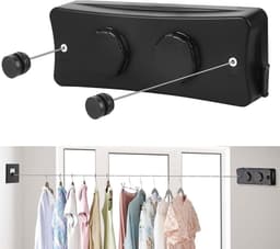 Intrekbare Waslijn - Wand Wasrek - Kleding Drogen - Dubbele Onzichtbare Lijn - 2 x 51 M - Zwart — thumbnail 1