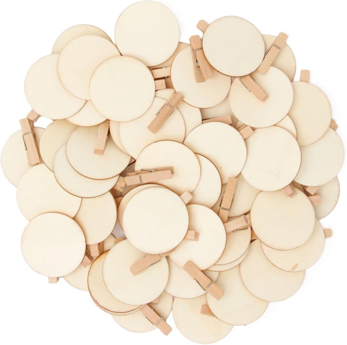 50 stuk houten knijpers met ronde schijf klemmen, doe-het-zelf chic rond 4,8 cm knutselklemmen, decoratieve mini klemmen voor foto's — afbeelding 1