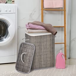 MEUNIQ Wasmand 83L van bamboe met deksel, uitneembare waszak en handgrepen, opvouwbare smalle wasbox 43 x 32 x 61 cm voor badkamer, slaapkamer of wasruimte, grijs — thumbnail 1