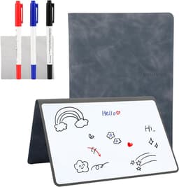 A5 uitwisbaar draagbaar whiteboard met 3 kleurpotloden, mini opvouwbaar draagbaar whiteboard, met PU-hoes en reinigingsdoek, grijs — thumbnail 1