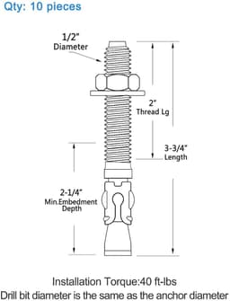 Wigankers Verzinkt - Betonankers Sluiting - Zware Bevestigingen - Hoge Trekwaarden - 1/2 inch x 3-3/4 inch - Zilverkleurig — thumbnail 5