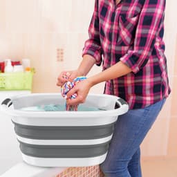Opvouwbare Wasmand 26L 53x38x23 cm - Inklapbare Wasmand met Handgrepen - Kunststof Wasgoedmand - Opbergmand voor Badkamer, Camping en Huishouden - Grijs met Wit — thumbnail 3