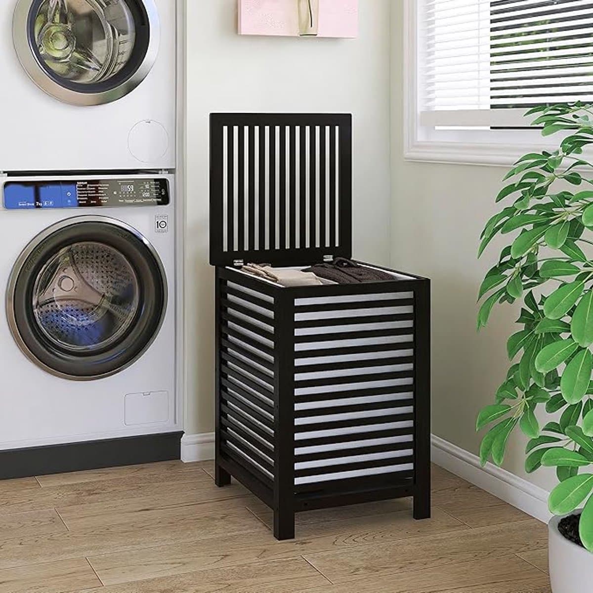 Dubbele Wasmand met Deksel 120L - Bamboe - Uitneembare Binnenzak - 2 Compartimenten - Voor Wasruimte & Slaapkamer — afbeelding 1
