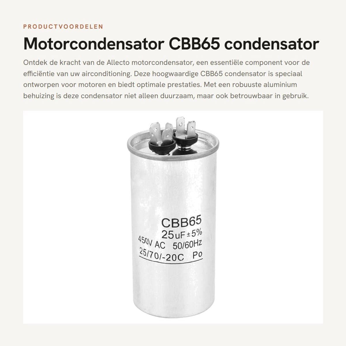 Dailygoods- Motorcondensator 25UF 450V - CBB65 Condensator - Aluminium Behuizing - Niet-polaire Elektrolytische Condensator - Ideaal voor Airconditioning - Veilig te Gebruiken - Aandrijfcondensator — afbeelding 1