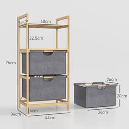 Bamboe Wasmand 35,4L 2 Manden 44x34x96cm Natuurlijke Houtkleur Uitneembare Stoffen Zakken Open Plank Handgrepen voor Badkamer Slaapkamer — thumbnail 2