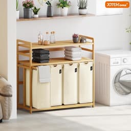198 liter wasverzamelaar, 4 vakken, wasmand met dubbele plank | bamboe wasbox met uitneembare waszakken, ruimtebesparend voor badkamer, slaapkamer, waskeuken, beige — thumbnail 5