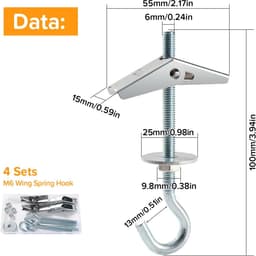 4 Sets M6 Wing Spring Hook, Spring Toggle Wing Bolt Hook, Plafond Gipsplaat Montage Haak, met Zeskant Moeren, Ringen, voor Gipsplaat Holle Wanden Hangende Planten Bevestiging — thumbnail 5