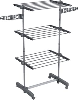 COVREO Droogtoren 142x55x152 cm – grijs staal, 3 niveaus, inklapbaar met 6 wielen — thumbnail 4