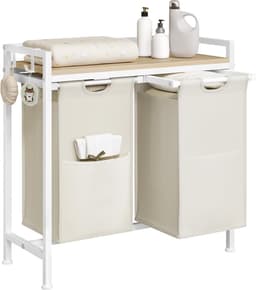 Wasmand met 2 vakken, 40 l/mand, met rek | Waszak van afneembare Oxford-stof, metalen frame, wit + licht eiken — thumbnail 2