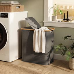 80L opvouwbare dubbele wasmand met deksel, gegroefde handgrepen, wasmand voor badkamer, slaapkamer, wasruimte, grijs — thumbnail 5