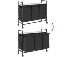 Wasmand – Wasbak – Laundry Basket – Wasbox – Wascontainer – 3 Compartimenten – Wieltjes Met Rem – Stevig Stalen Frame – Sonoma Grijs Houten Plank