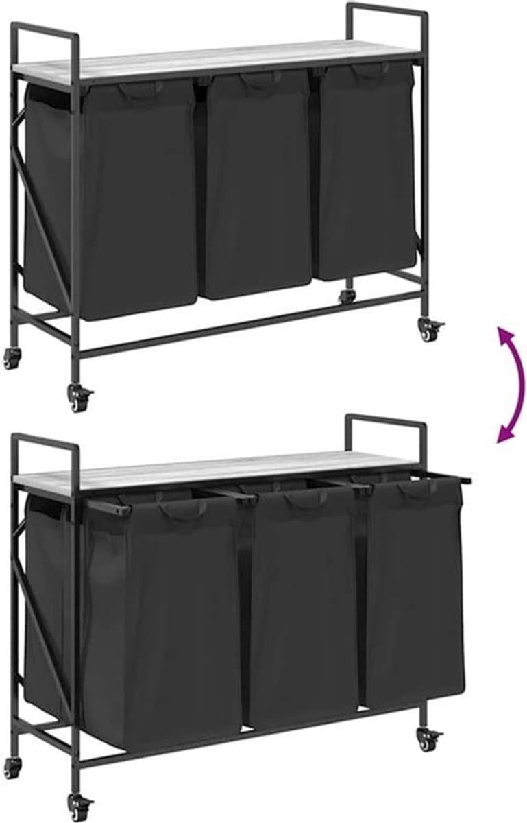 Wasmand – Wasbak – Laundry Basket – Wasbox – Wascontainer – 3 Compartimenten – Wieltjes Met Rem – Stevig Stalen Frame – Sonoma Grijs Houten Plank — afbeelding 1