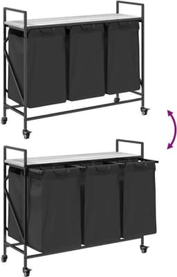 Wasmand – Wasbak – Laundry Basket – Wasbox – Wascontainer – 3 Compartimenten – Wieltjes Met Rem – Stevig Stalen Frame – Sonoma Grijs Houten Plank — thumbnail 1
