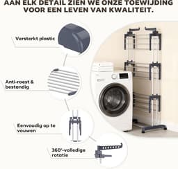 Toren droogrek met wieltjes - 4 laags staand droogrek van roestvrij staal - 6 inklapbare vleugels - Ruimtebesparend kledingrek - 76x50x172 cm - Voor balkon, badkamer en binnengebruik - Grijs — thumbnail 4