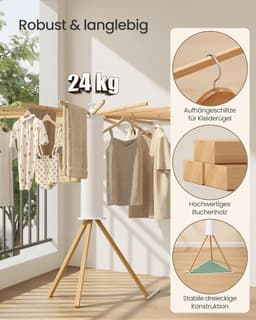 SONGMICS LLR530YW01 Opvouwbaar wasrek, draagbare vloerdroger, ruimtebesparend, draaibaar, uitschuifbaar, voor wasruimte, balkon, 16 houten armen, natuurlijke kleur — thumbnail 2