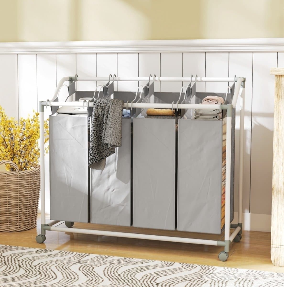 MEUNIQ wassorteerder met 4 vakken 160L, wasmand op wielen met uitneembare waszakken en metalen frame, 97 x 38 x 81 cm, grijs, voor badkamer wasruimte — afbeelding 1