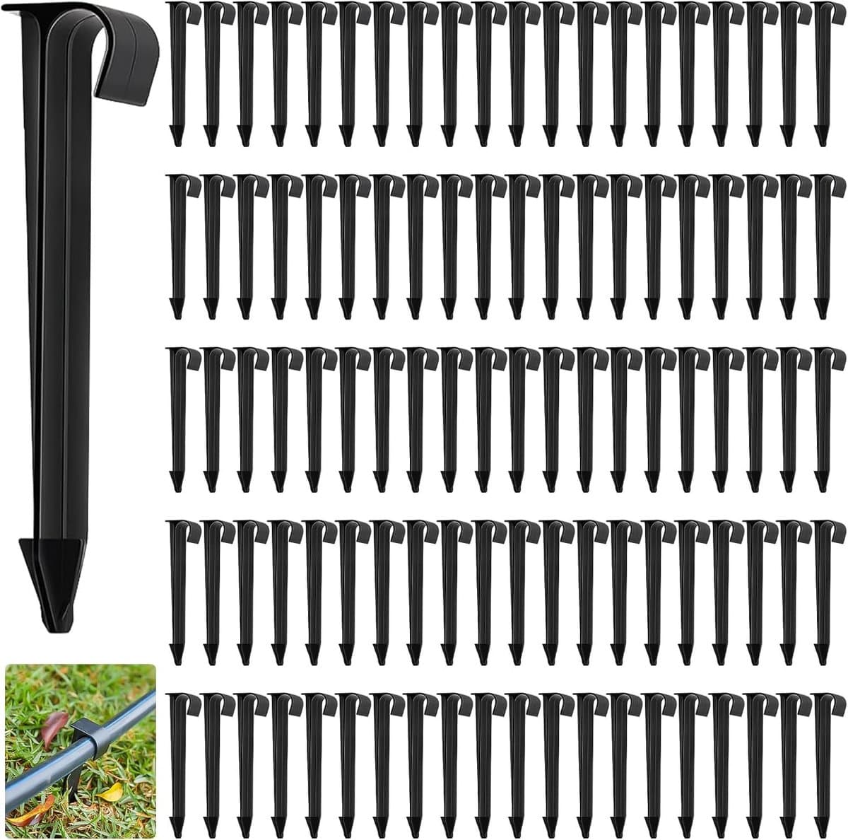 Set van 100 Grondankers voor Tuinslangen, Zwarte Plastic Verankeringen voor Druppelslangen, Geschikt voor Slangen met een Diameter van 16 mm en Lengte van 11,2 cm — afbeelding 1