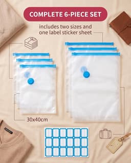 6 ruimtebesparende vacuümzakken voor reizen (3 van 30 x 40 cm en 3 van 40 x 60 cm) met zelfklevende etiketten, waterdichte zakken ter bescherming van kleding voor koffer en kast — thumbnail 5
