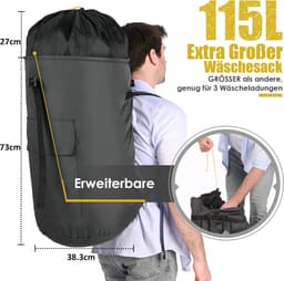 SnelShoppen - XXL Waszak Voor Op Reis, Waterdichte Kledingtas 115 Liter, Opvouwbare Opbergzak Met 2 Gevoerde Schouderbanden, Vuile Was Rugzak, Ideaal — thumbnail 5