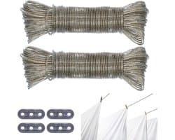 2 Pieces Waslijn met Stalen Kern - 20 m Zware Duurzame Scheurbestendige Kledinglijn met 2 Spanners voor Huishouden - Tuin - Balkon - Kamperen