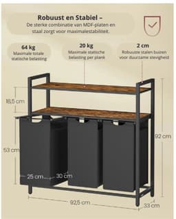 Wasmand 3 Vakken - Badkamerkast - 2 Planken - Opberger - 120L - Afneembare Waszakken - 92,5×33×92 CM - Kantelbeveiliging - Wasmand — thumbnail 2