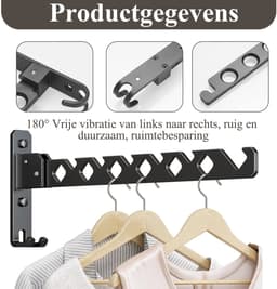 Ynkkvre - Wandkledingrek - Aluminium Kleerhanger met Kledinghaak - Opvouwbaar Wandrek - Voor Slaapkamer, Badkamer, Balkon - Zwart — thumbnail 3