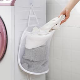 Opvouwbare wasmand voor aan de muur,Opbergmand voor hangende vuile was,Wasmanden, hangende wasmand van gaas, opvouwbare wasmand, opvouwbare wasmand voor vuile was, opbergtas voor aan de muur (wit) — thumbnail 5
