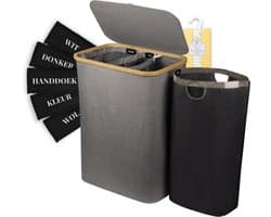 Sivableu Wasmand Zwart 3 vakken – Wassorteerder – 160L – 3 uitneembare zakken – Wasmand met Deksel – opvouwbaar - Laundry Basket - Wasbox - Bamboe - Labels — afbeelding 1