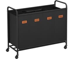 Furnstar Wasmand - Wasmand met wieltjes - 4 vakken - 200L wassorteerder - Beweegbare waswagen - Met 5 etiketten - Voor bijkeuken slaapkamer badkamer - Inktzwart