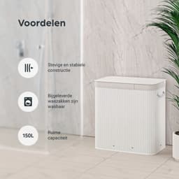 Organess wasmand 3 vakken - Wassorteerder - Wasmand met deksel - Opvouwbaar - 150L - Witte bamboe — thumbnail 4
